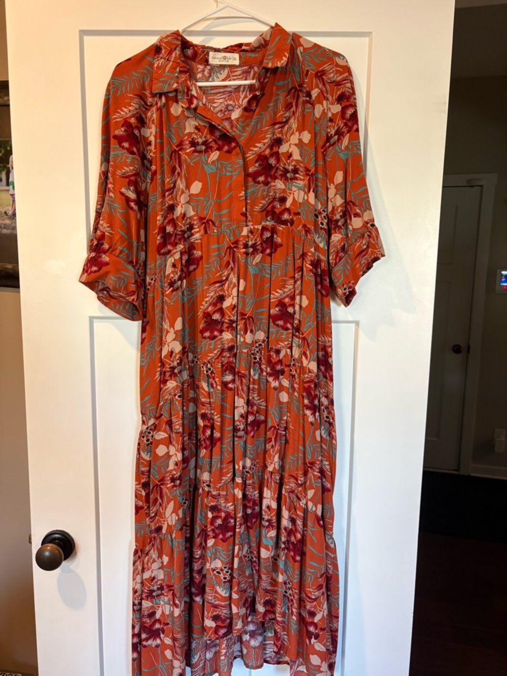 NATURAL LIFE Orange Floral Tiered Maxi Shirt Dress